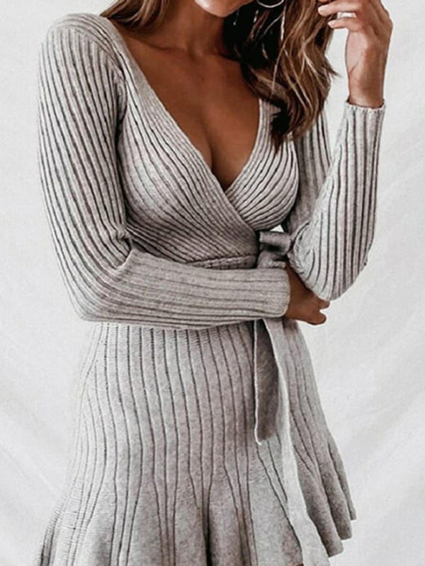 Women's Sexy Deep V Neck Long Sleeve Waist Sweater Grey