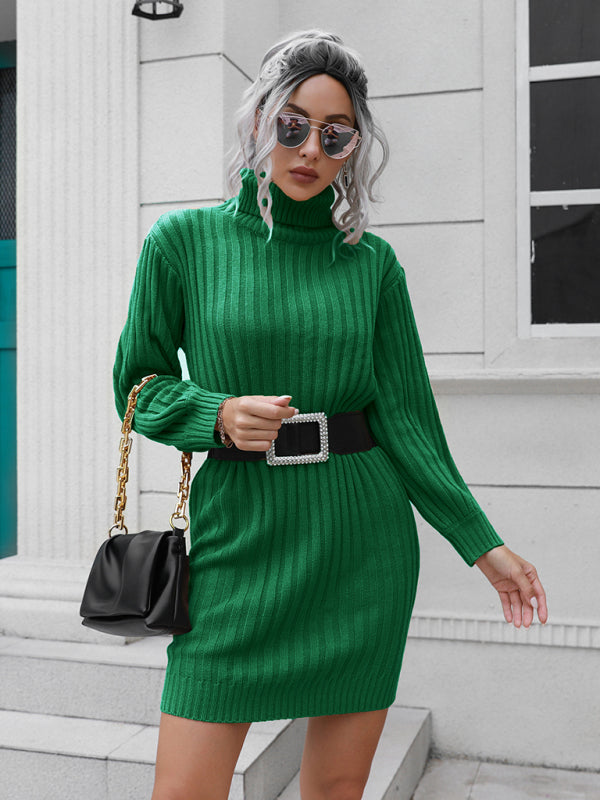 Women's pit stripe high collar wool dress Green