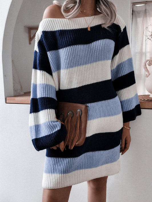 Women's straight neck off shoulder loose contrast striped knitted wool dress Purplish blue navy