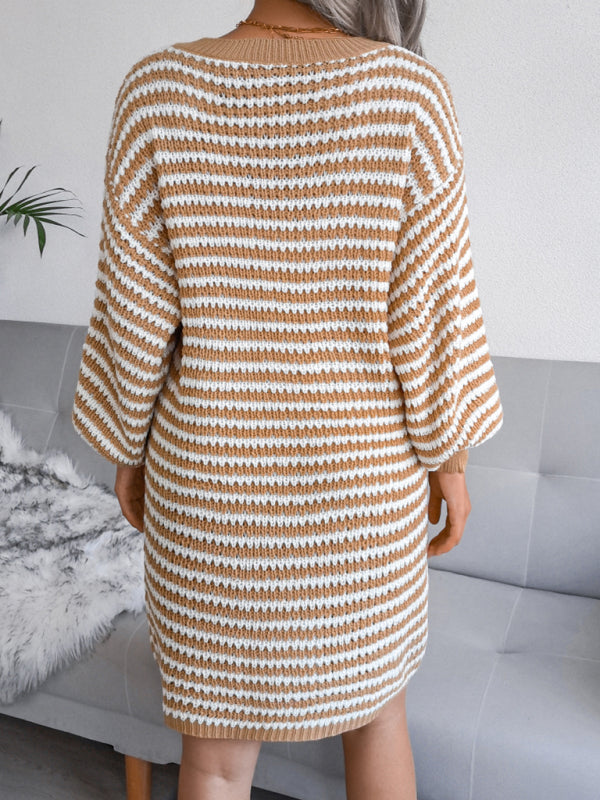 Women's striped hollow wool dress knitted dress