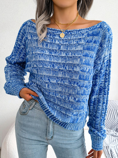 Women's fashion color fried dough twist long sleeve off shoulder knitted sweater Blue