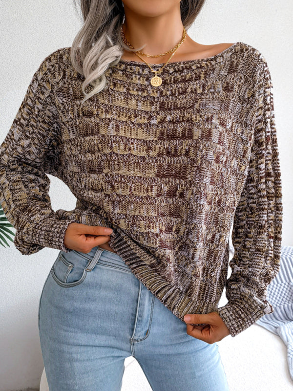 Women's fashion color fried dough twist long sleeve off shoulder knitted sweater Khaki