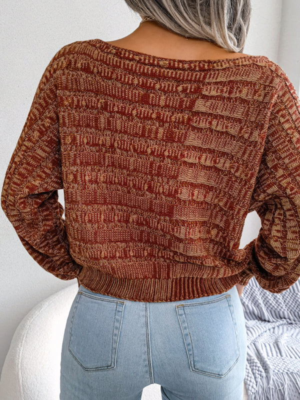 Women's fashion color fried dough twist long sleeve off shoulder knitted sweater