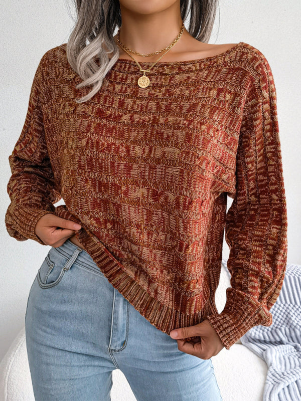 Women's fashion color fried dough twist long sleeve off shoulder knitted sweater