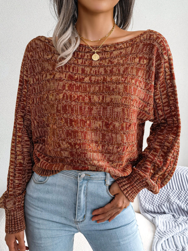 Women's fashion color fried dough twist long sleeve off shoulder knitted sweater Orange