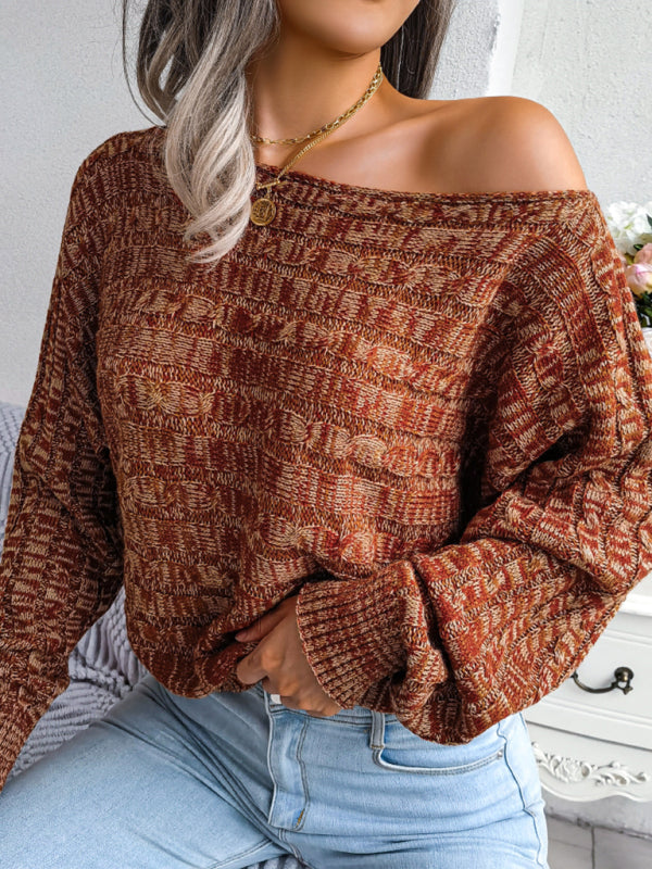 Women's fashion color fried dough twist long sleeve off shoulder knitted sweater