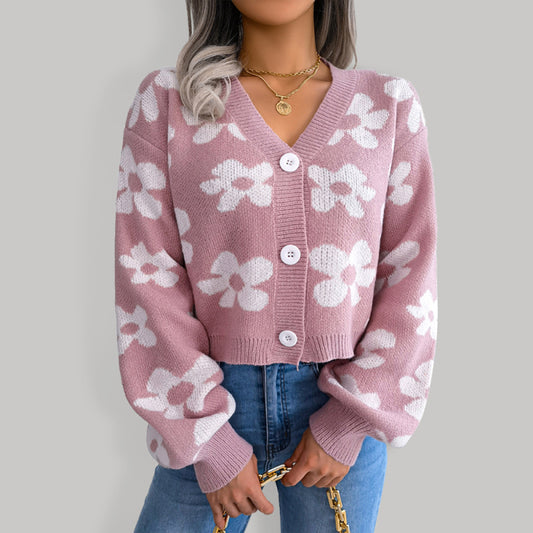 Women's fashion contrast color flower lantern sleeve cardigan sweater coat Pink