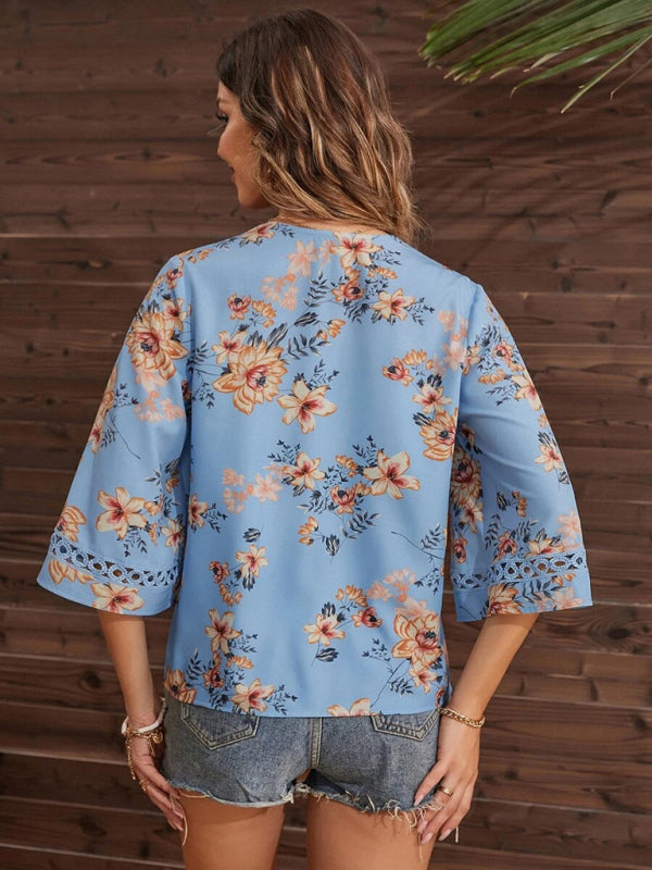 Women's V-neck printed patchwork lace flared sleeve top