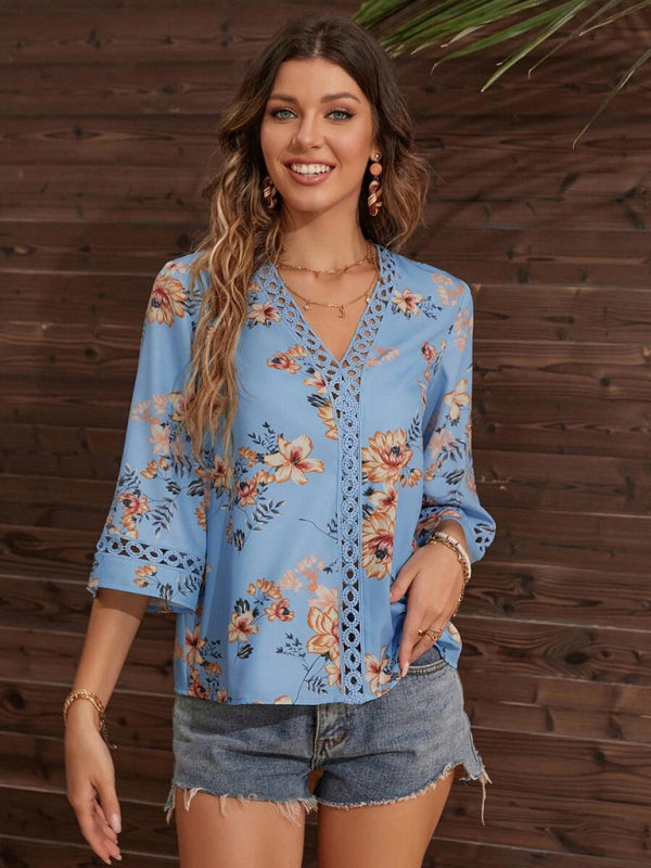 Women's V-neck printed patchwork lace flared sleeve top