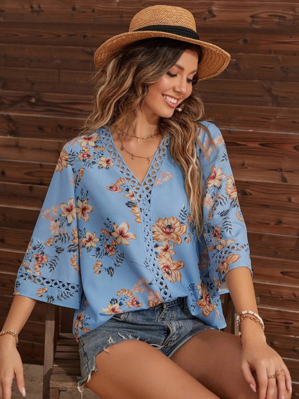 Women's V-neck printed patchwork lace flared sleeve top