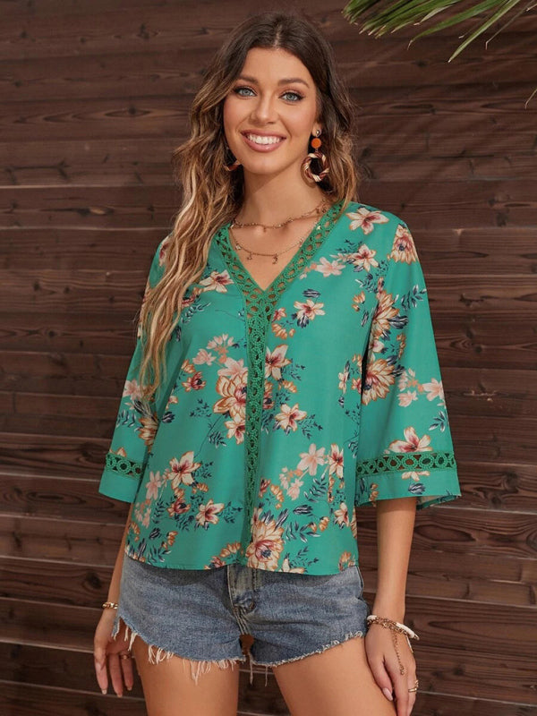 Women's V-neck printed patchwork lace flared sleeve top