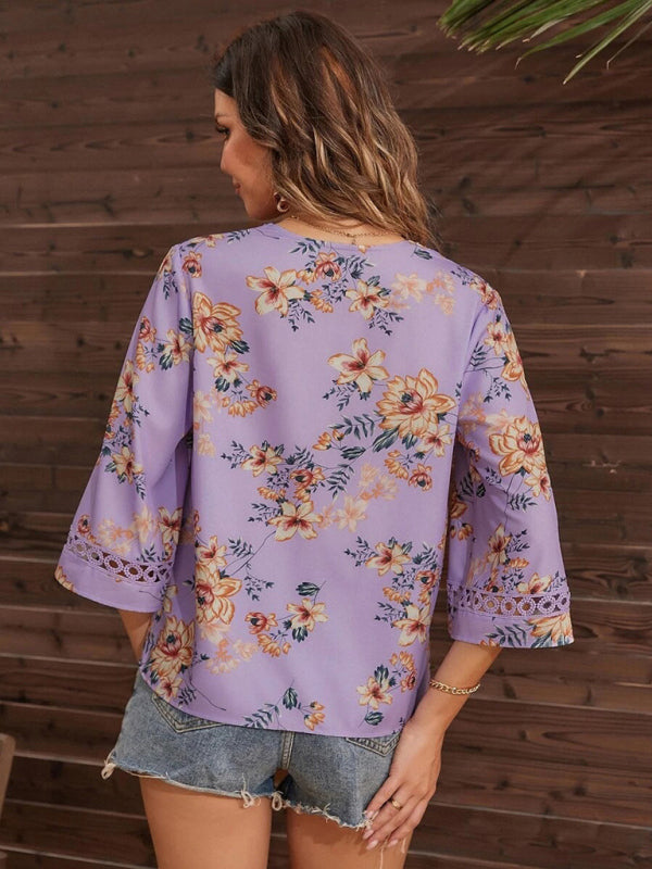 Women's V-neck printed patchwork lace flared sleeve top