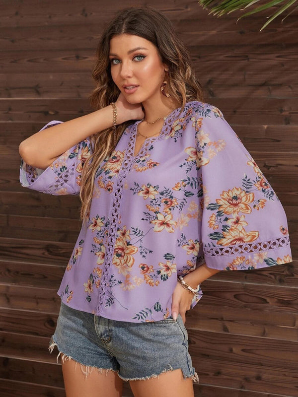 Women's V-neck printed patchwork lace flared sleeve top