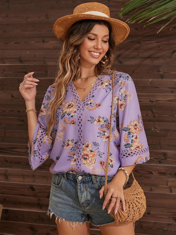 Women's V-neck printed patchwork lace flared sleeve top Purple XXL