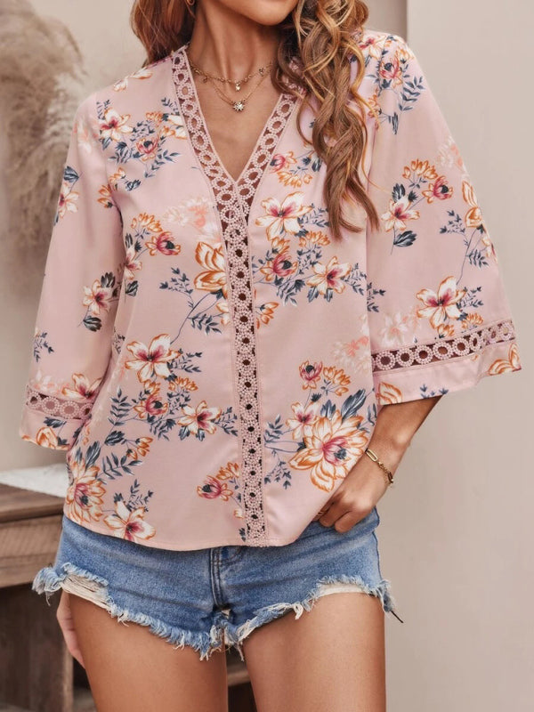 Women's V-neck printed patchwork lace flared sleeve top Pink