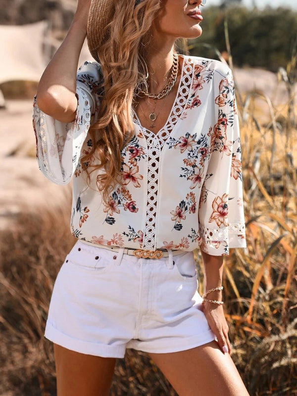 Women's V-neck printed patchwork lace flared sleeve top White