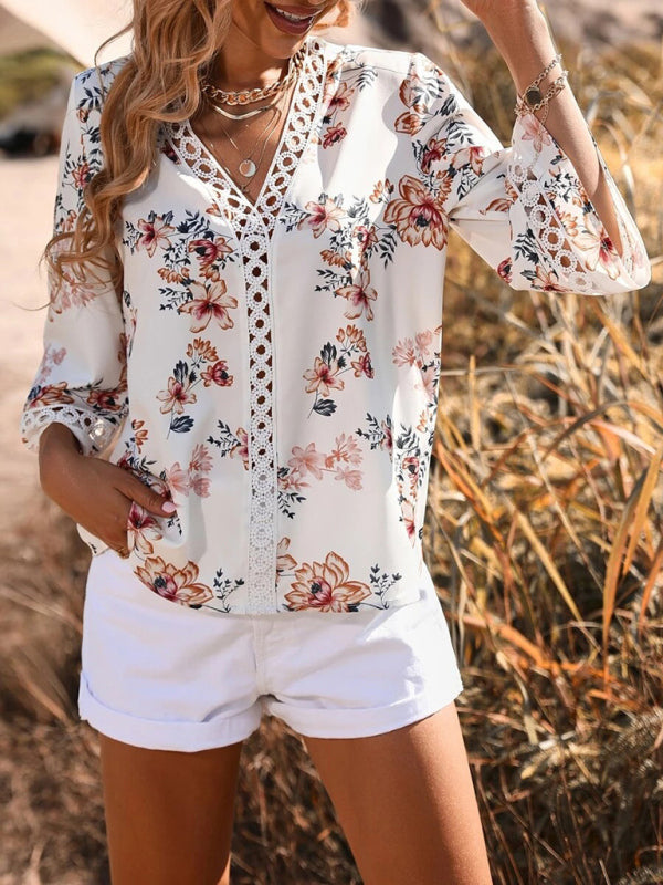 Women's V-neck printed patchwork lace flared sleeve top