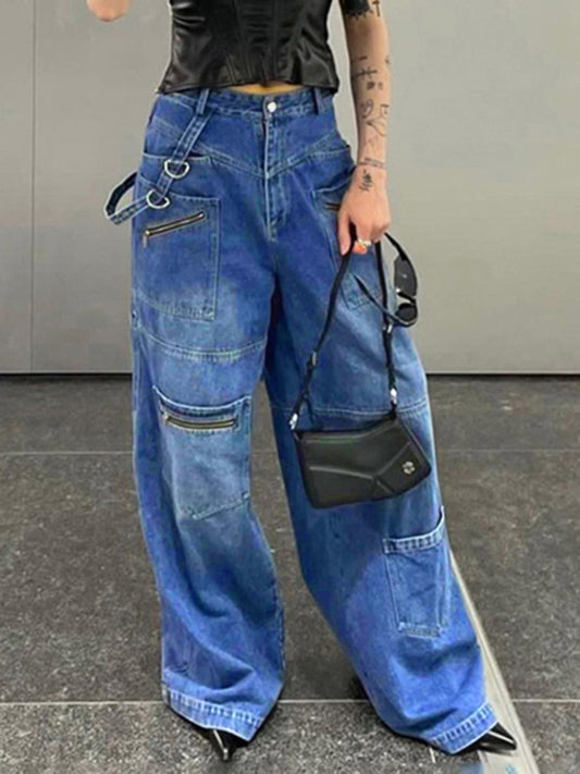 Multi-pocketed, zipped, distressed jeans with a straight leg and wide leg Blue