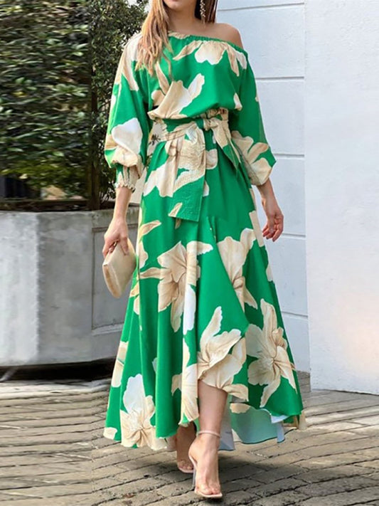 Women's temperament elegant commuter print lantern sleeve dress Green