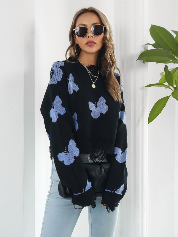 Women's Ripped Butterfly Jacquard Short Sweater