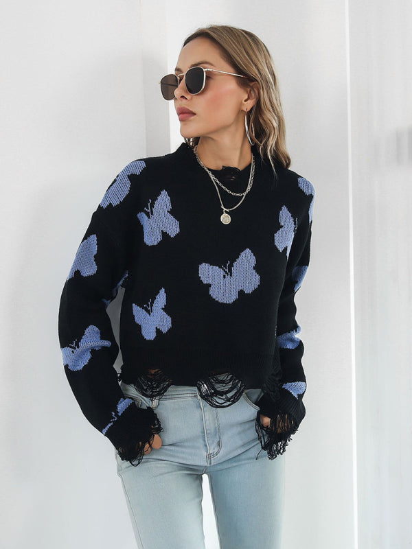 Women's Ripped Butterfly Jacquard Short Sweater