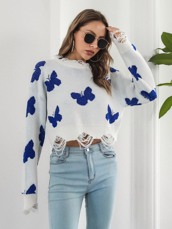 Women's Ripped Butterfly Jacquard Short Sweater