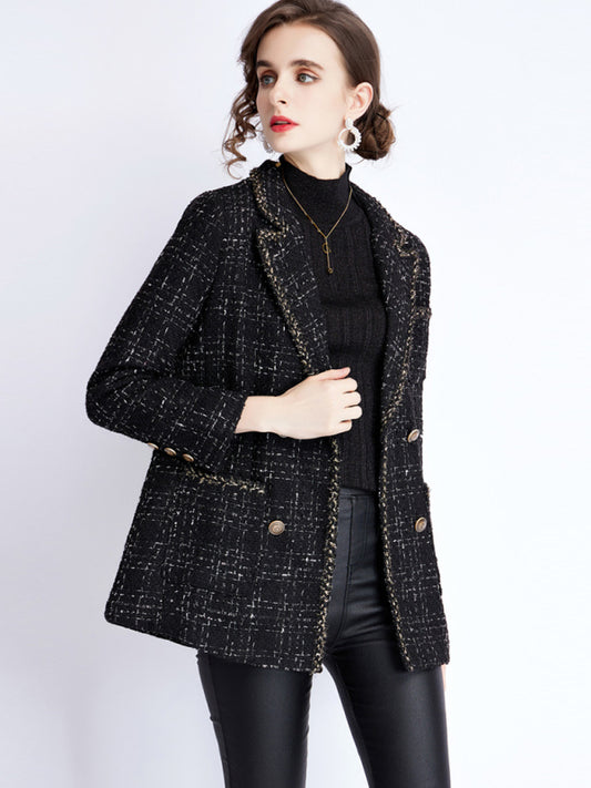 Women's small fragrant wind long sleeve tweed tartan jacket Black