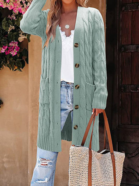 Single-Breasted Twist Pocket Knit Long Sweater Cardigan Green