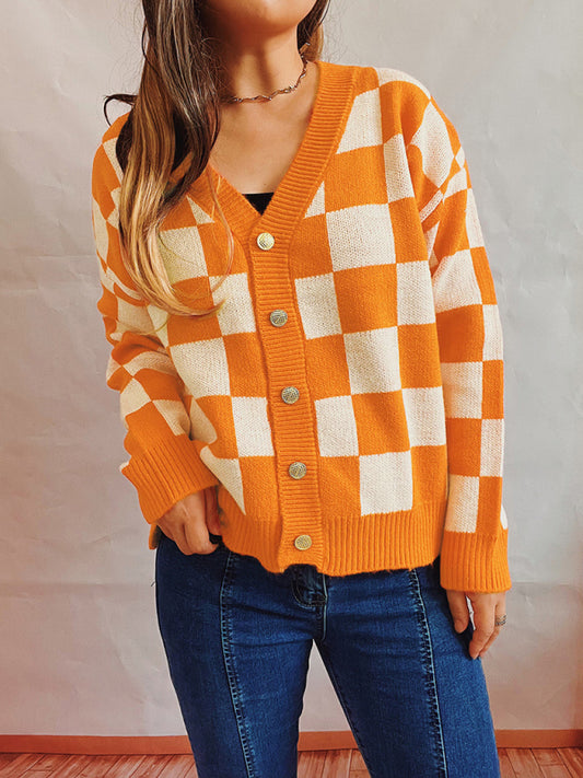 Checkerboard Contrast Single Breasted Drop Sleeve Sweater Cardigan Orange