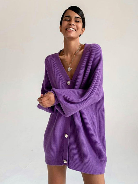 Women's Oversized Baggy Fit Ribbed Button Up Cardigan With Long Sleeves Purple
