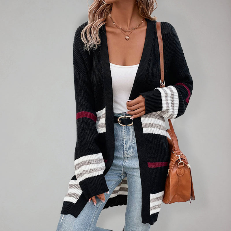 Women's striped color blocking mid-length knit sweater Black