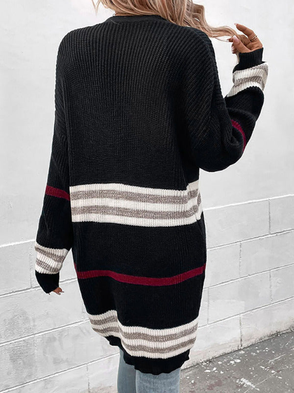 Women's striped color blocking mid-length knit sweater