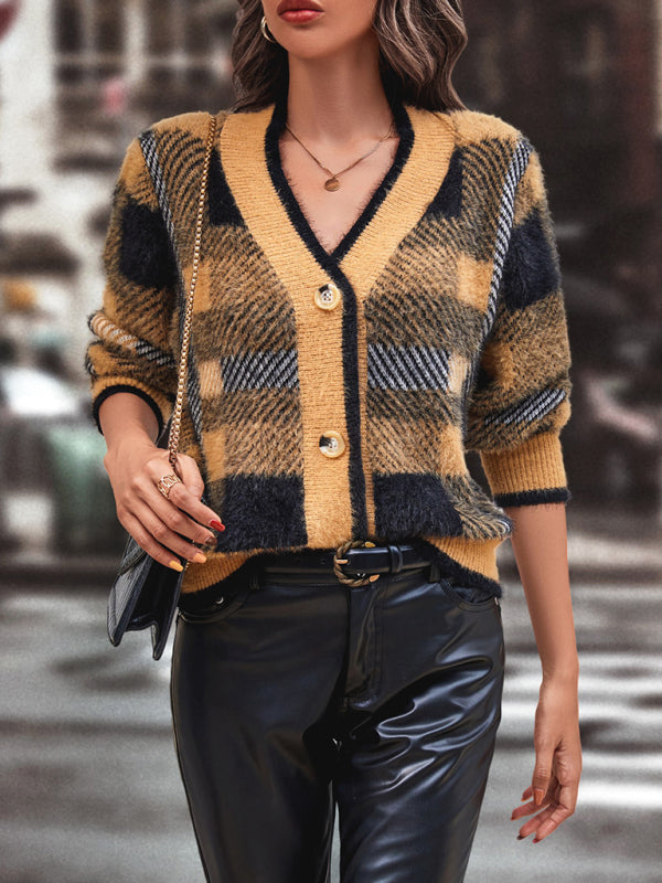 Autumn and winter new women's plaid button cardigan sweater