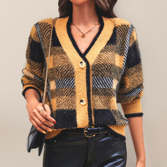 Autumn and winter new women's plaid button cardigan sweater Yellow