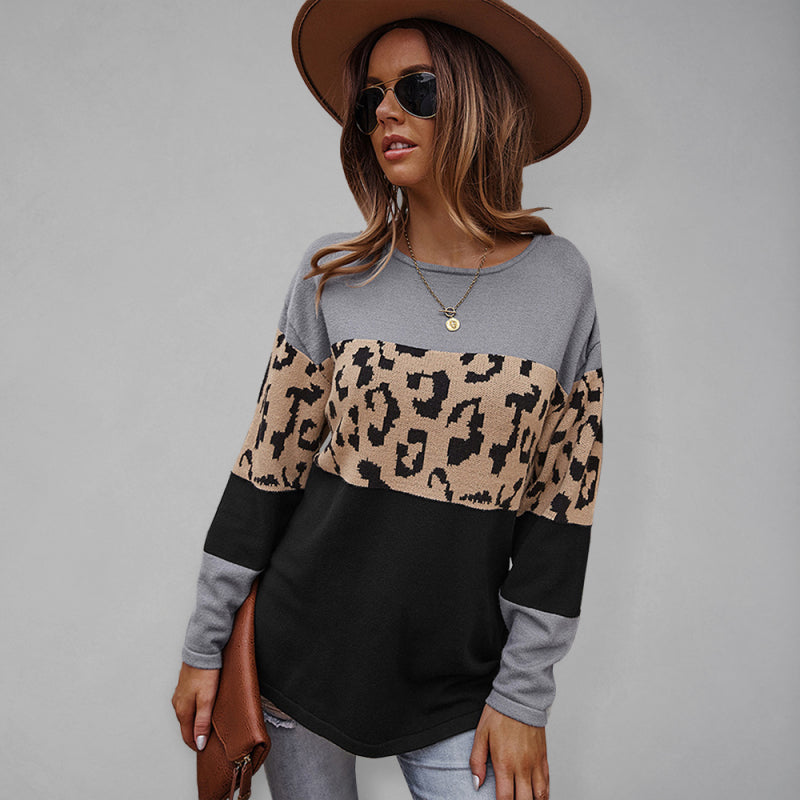 Women's leopard print stitching sweater long sleeve soft warm top Grey