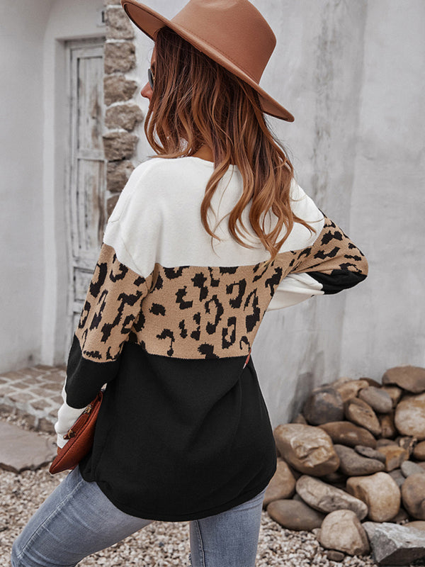 Women's leopard print stitching sweater long sleeve soft warm top