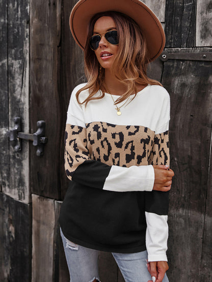 Women's leopard print stitching sweater long sleeve soft warm top