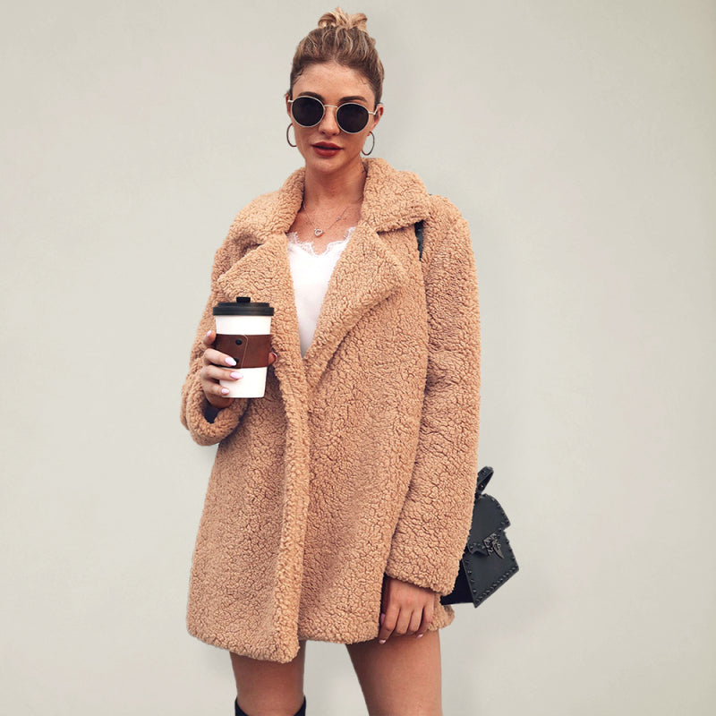 Autumn and winter fashion suit collar grain fleece long-sleeved women's top coat Beige