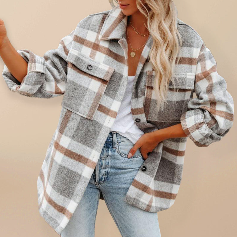 Autumn and winter women's autumn and winter long-sleeved lapel loose plaid woolen coat Khaki plaid