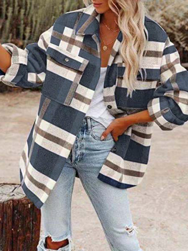 Autumn and winter women's autumn and winter long-sleeved lapel loose plaid woolen coat Blue plaid