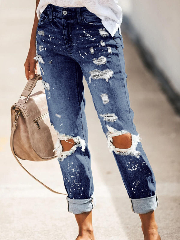 Stretch washed ripped straight-leg street style denim trousers