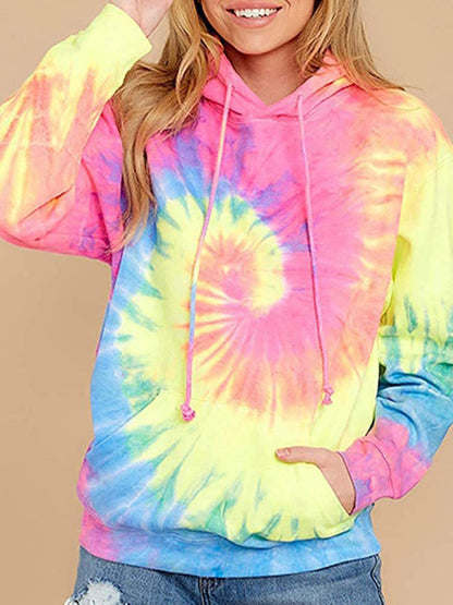 Spring autumn winter new women's top tie-dye hooded long-sleeved pocket sweater