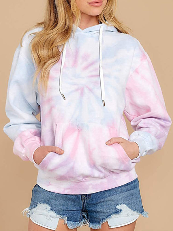 Spring autumn winter new women's top tie-dye hooded long-sleeved pocket sweater