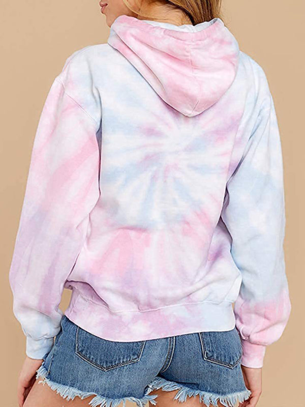 Spring autumn winter new women's top tie-dye hooded long-sleeved pocket sweater