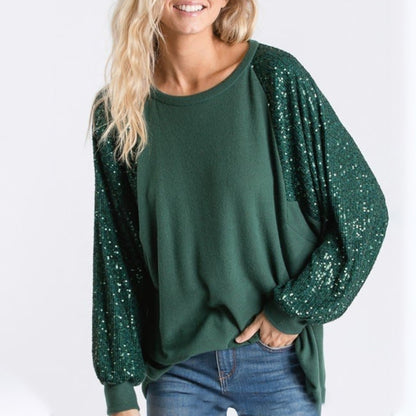 St. Patricks Day - Sequin Raglan Sleeve Top for Women Green