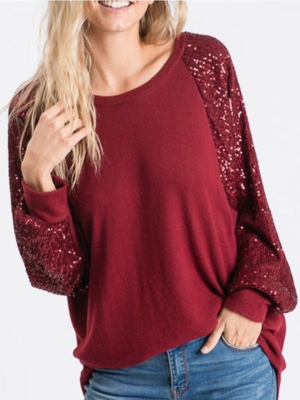 St. Patricks Day - Sequin Raglan Sleeve Top for Women Red