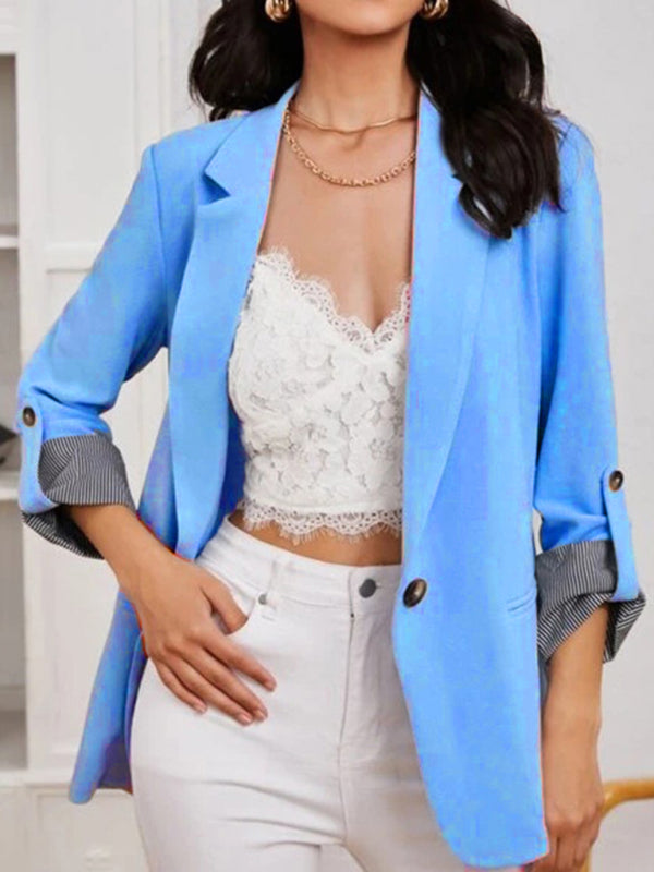 Fashion splicing lapel slim cardigan temperament suit jacket Clear blue