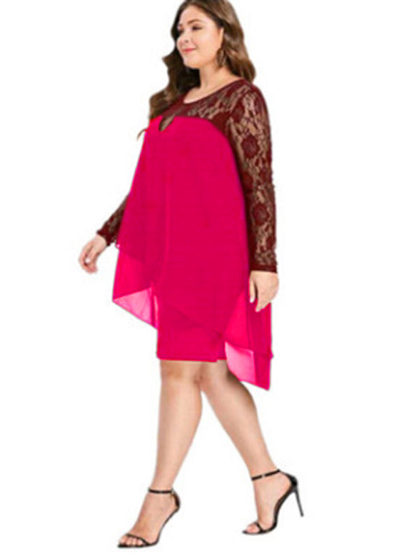 Plus size lace sleeve long sleeve splicing round neck irregular chiffon dress