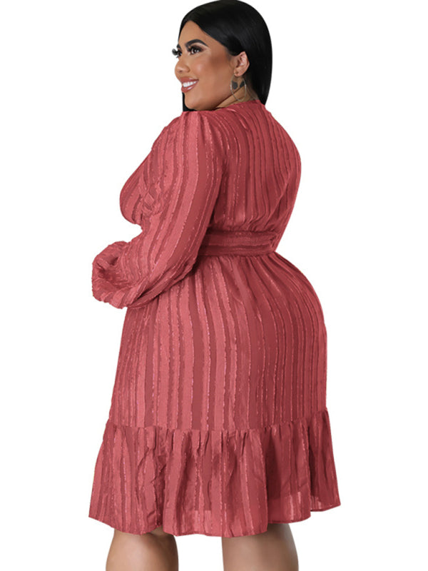 Plus size jacquard V-neck striped long-sleeved dress