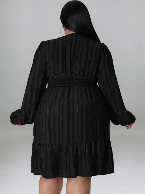 Plus size jacquard V-neck striped long-sleeved dress